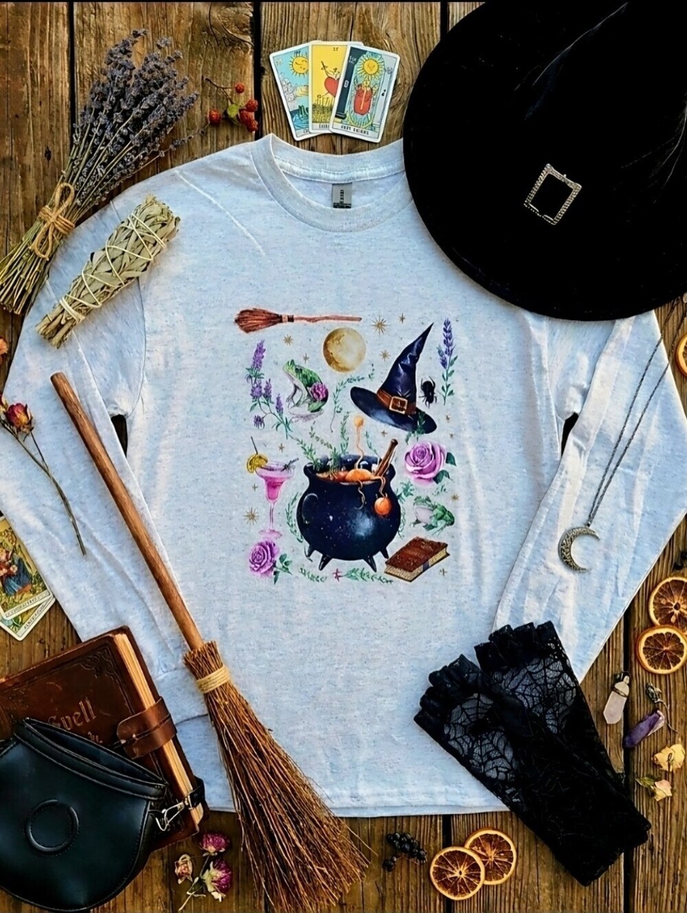 Witchy Botanical Cauldron Long Sleeve Shirt • Cottage Witch Graphic • Witchcore